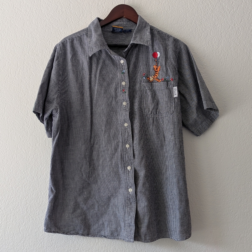 Vintage Disney Winnie the Pooh Button Up Shirt Tigger Gingham Blue/White 20W - Picture 1 of 8